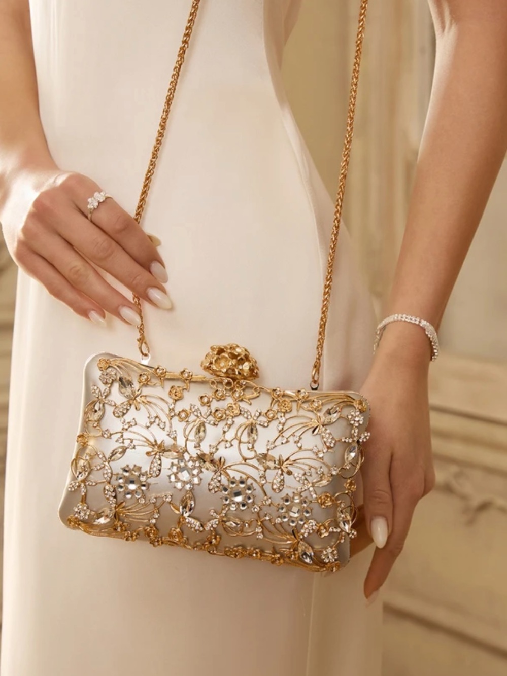Gold Embellished Floral Evening Clutch - Elegant Metallic Shoulder Bag